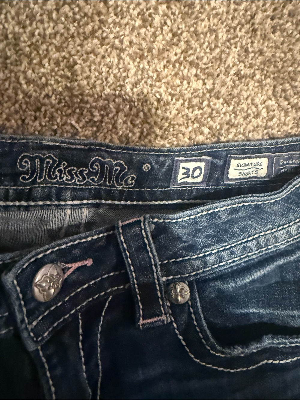 Miss Me Dark Blue Denim Shorts with Red & Cream Side Embroidery - Picture 2 of 3